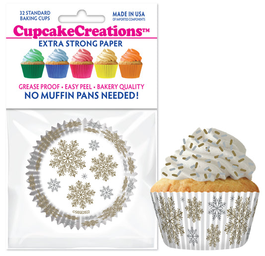 Pack of 32 gold and silver snowflake cupcake baking cups with white background, shown with frosted cupcake topped with gold sprinkles.