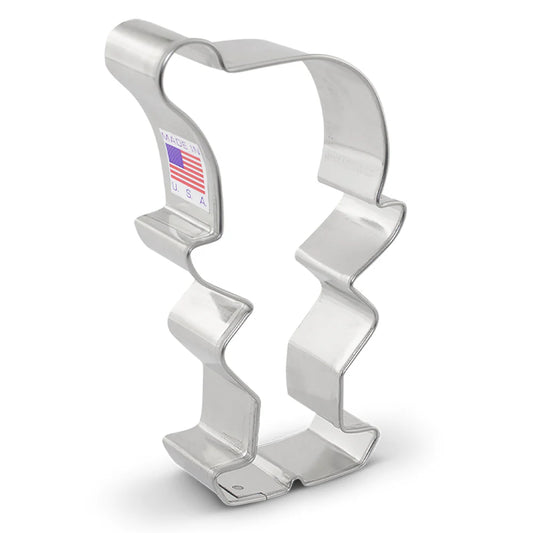 Elf-shaped cookie cutter made of durable steel with a 'Made in USA' label, perfect for holiday baking.