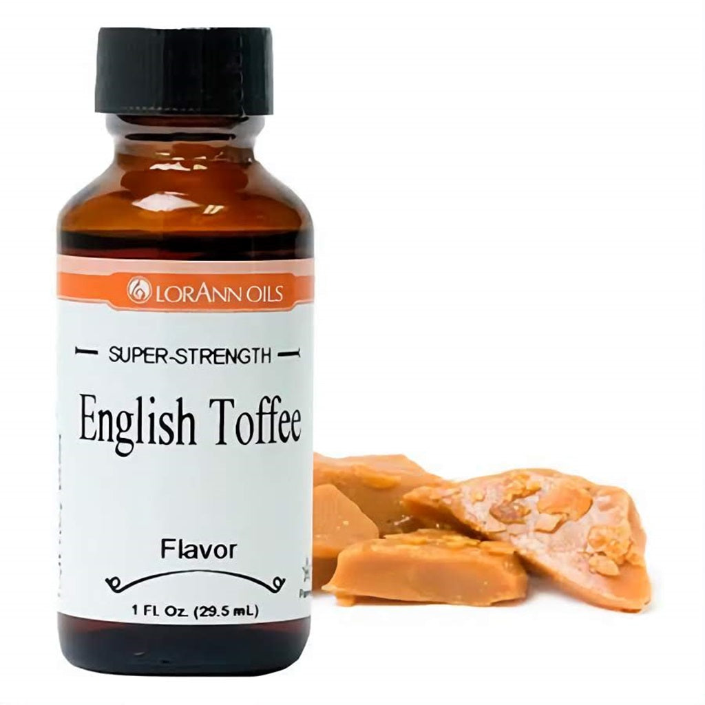 A bottle of LorAnn Oils Super Strength English Toffee Flavor, 1 fl oz, with pieces of crunchy, buttery toffee, representing the sweet, caramelized treat.