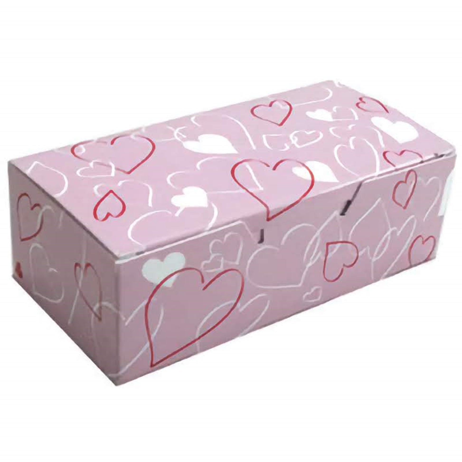 A rectangular candy box adorned with various heart outlines in shades of pink and white, creating a pattern of intertwined hearts for a romantic and charming presentation.