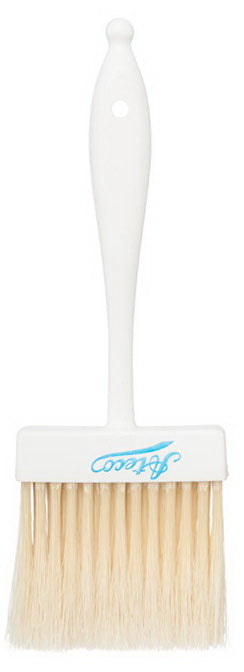 White 3" wide boar bristle pastry brush with a durable plastic handle.