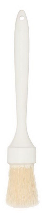 White 1 1/4" round boar bristle pastry brush with a sturdy plastic handle.