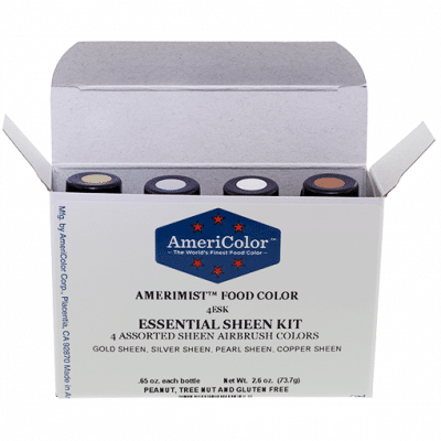 Open AmeriColor® Essential Sheen Kit box holding four AmeriMist™ airbrush color bottles in Gold Sheen, Silver Sheen, Pearl Sheen, and Copper Sheen.
