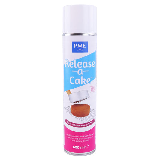 PME Release-a-Cake non-stick spray in 600ml can for easy cake release without greasing or flouring, ideal for smooth baking results.