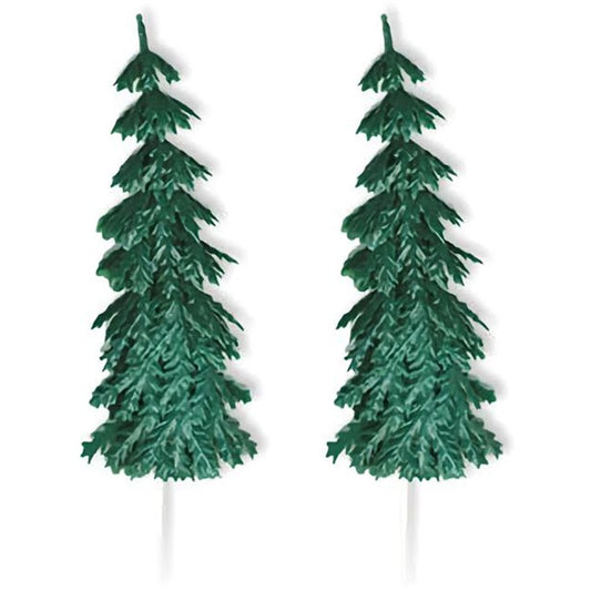 A pair of large evergreen tree cupcake picks, a pack of three, adding a touch of wilderness to winter wonderland-themed cakes or holiday dessert tables
