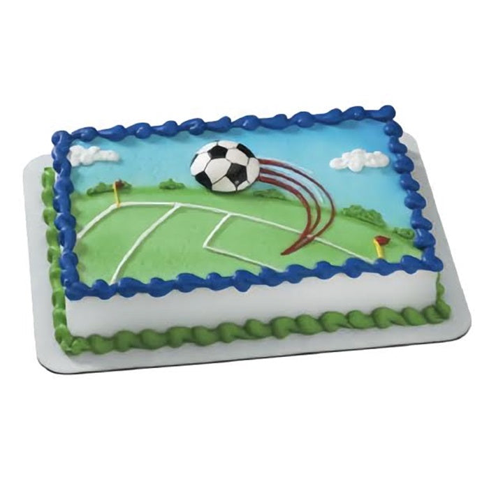 Extreme soccer field cake topper with a 3D soccer ball effect, capturing the excitement of the game, perfect for soccer-themed parties and fan gatherings.