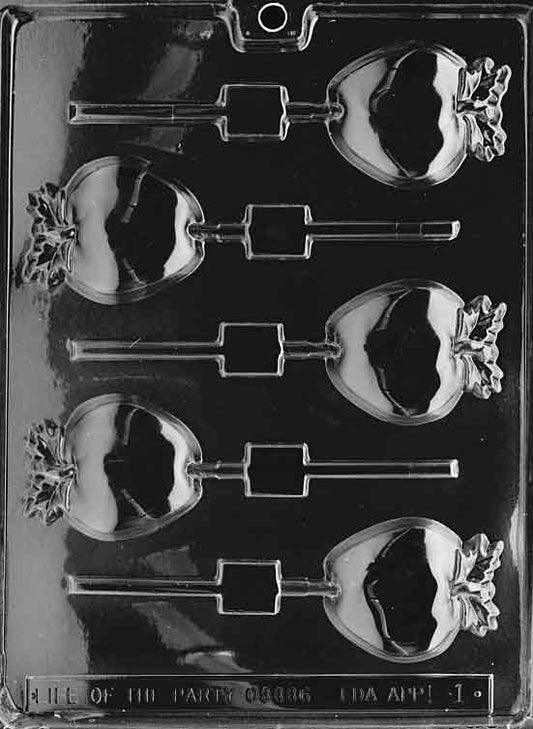 APPLE Lollipop mold showing apple-shaped chocolate lollipops.