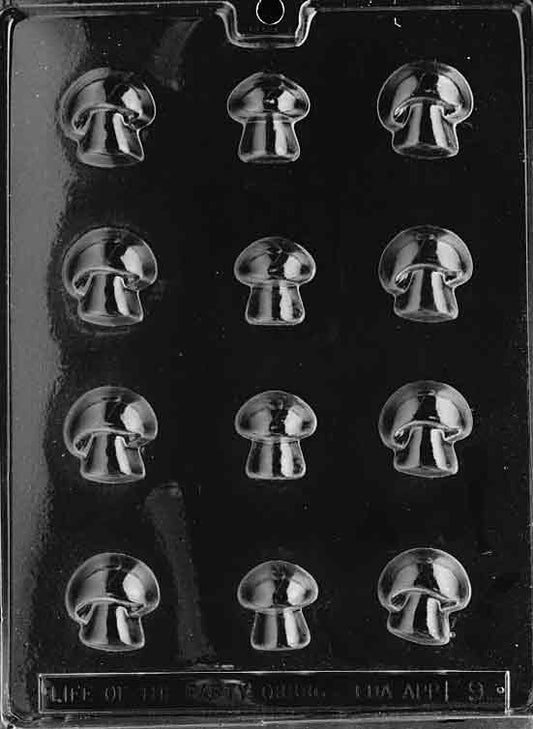 MUSHROOMS mold featuring small mushroom cap and stem chocolate shapes.