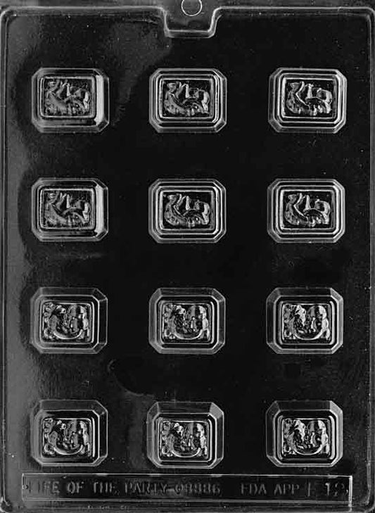 ASSORTED FILLED FRUITS mold with fruit-shaped cavities for filled chocolates.