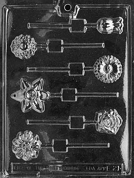 ASSORTED FLOWERS Lollipop mold with multiple floral chocolate lollipop designs.