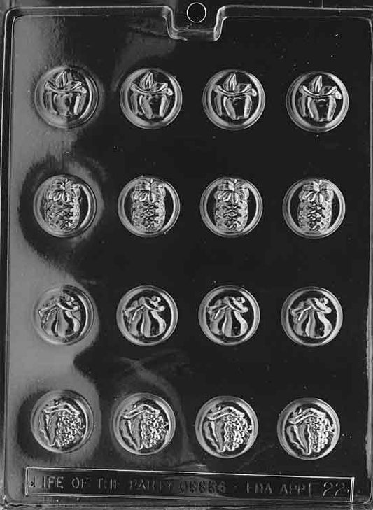 ASSORTED FRUITS mold showing small fruit-shaped chocolate designs.