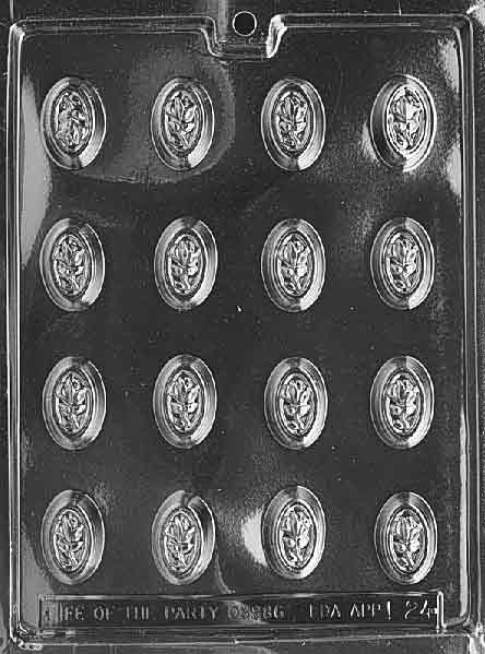 OVAL ROSES mold showing oval chocolate with rose embossed design.