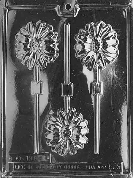 LONG STEM DAISY Lollipop mold featuring daisy blossom with long stem for chocolate pops.