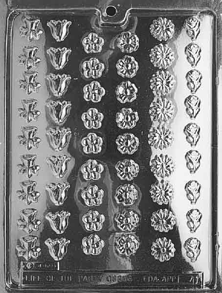 SMALL ASSORTED FLOWERS mold with multiple tiny flower chocolate shapes.