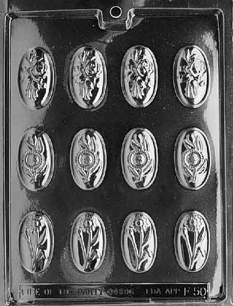 OVAL FLOWER PIECES mold featuring oval chocolates with flower patterns.