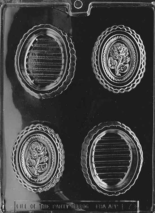 OVAL ROSE POUR BOX mold featuring oval pour box chocolates with rose detail.