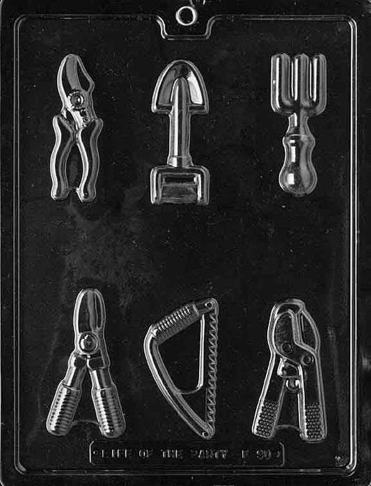GARDEN TOOLS mold featuring mini chocolate garden tool designs.
