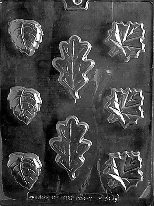 LEAF ASSORTMENT mold featuring multiple leaf-shaped chocolate cavities.