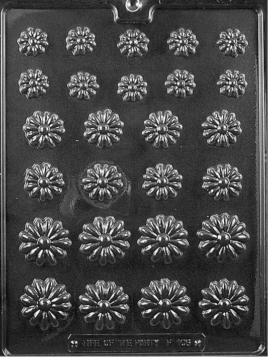 DAISY ASSORTMENT mold with assorted daisy-shaped chocolate cavities.