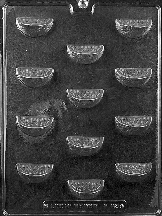 BITE SIZE FRUIT SLICES mold featuring chocolate cavities shaped like fruit slices.