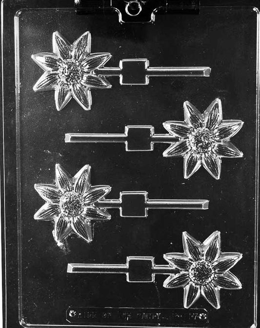 DAISY Lollipop mold featuring daisy-shaped chocolate lollipops.