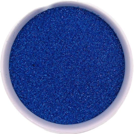 Dark blue fine sanding sugar in a plastic tub, deep navy crystals with a glossy sparkle finish.