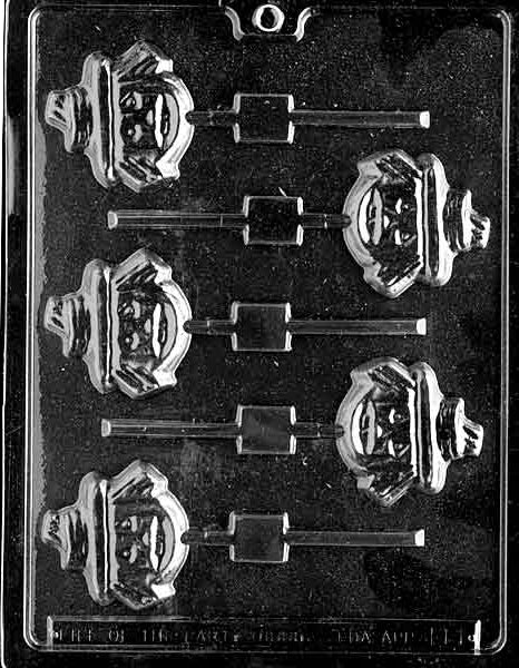 Clear plastic lollipop mold with five square scarecrow face cavities on stick channels; smiling face, hat, and stitched details; autumn scarecrow chocolate pop mold.