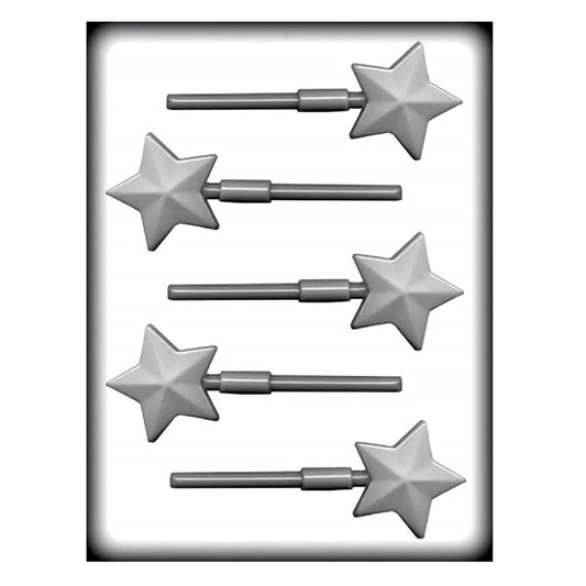 A white hard candy mold that makes faceted star suckers. The mold has 5 star shaped cavities with a slot in each star for a sucker stick.