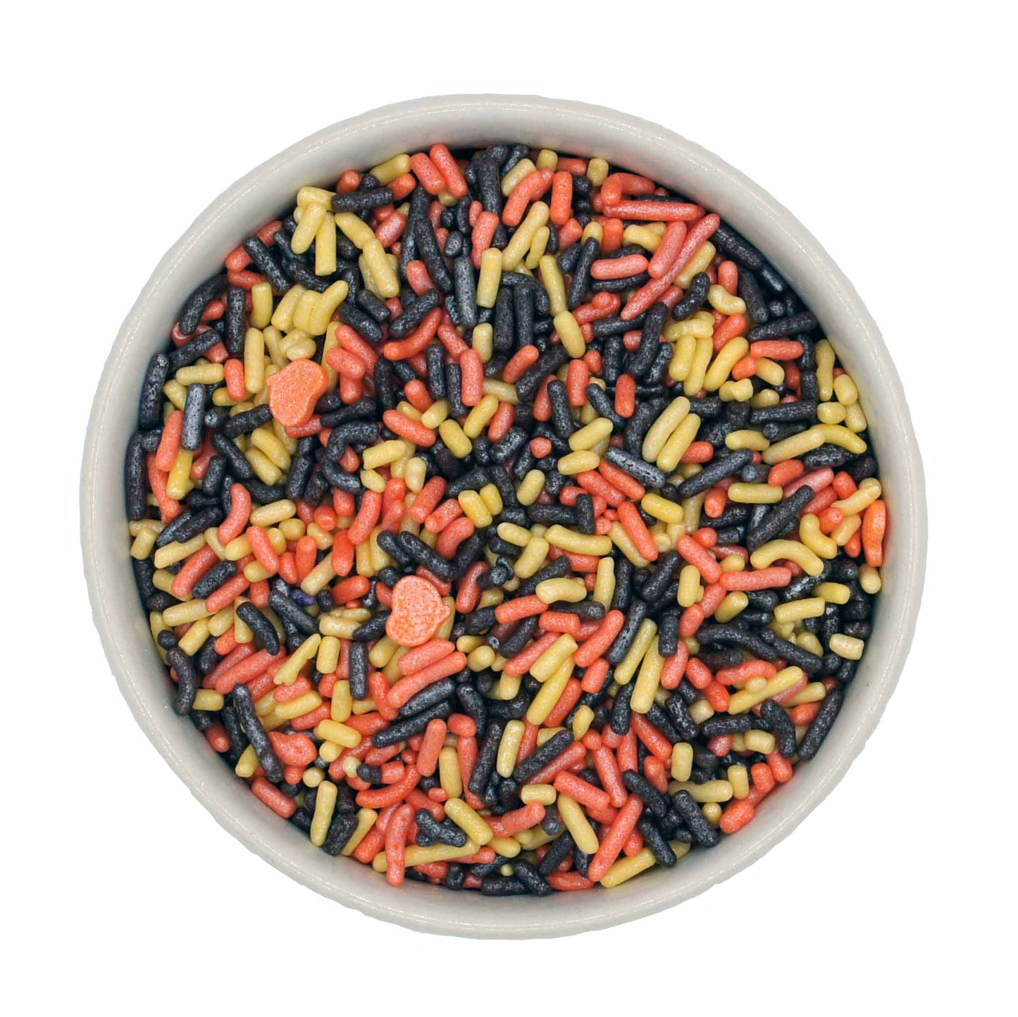 A warm and festive sprinkle mix with orange, yellow, and black jimmies, and pumpkin-shaped quins, perfect for decorating fall-themed desserts.