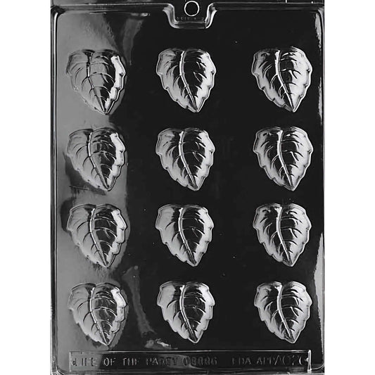 Fall Leaves chocolate mold with 12 cavities, each shaped like a detailed fall leaf, made from food-grade plastic.