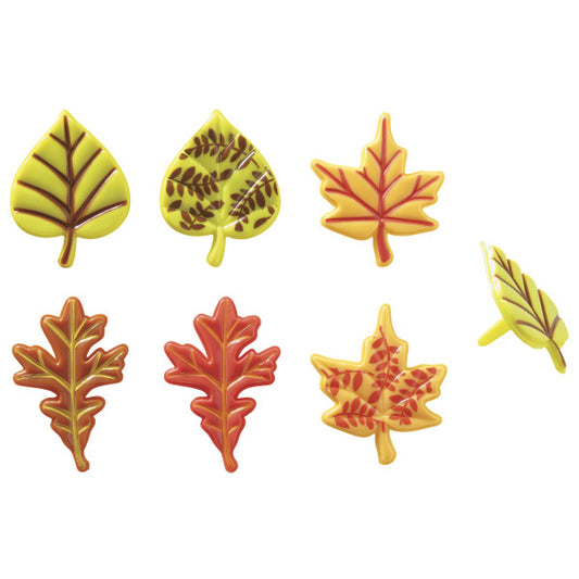 Assorted Fall Leaves Cupcake Picks in vibrant yellow, green, and orange colors, featuring various leaf shapes such as oak, maple, and aspen.