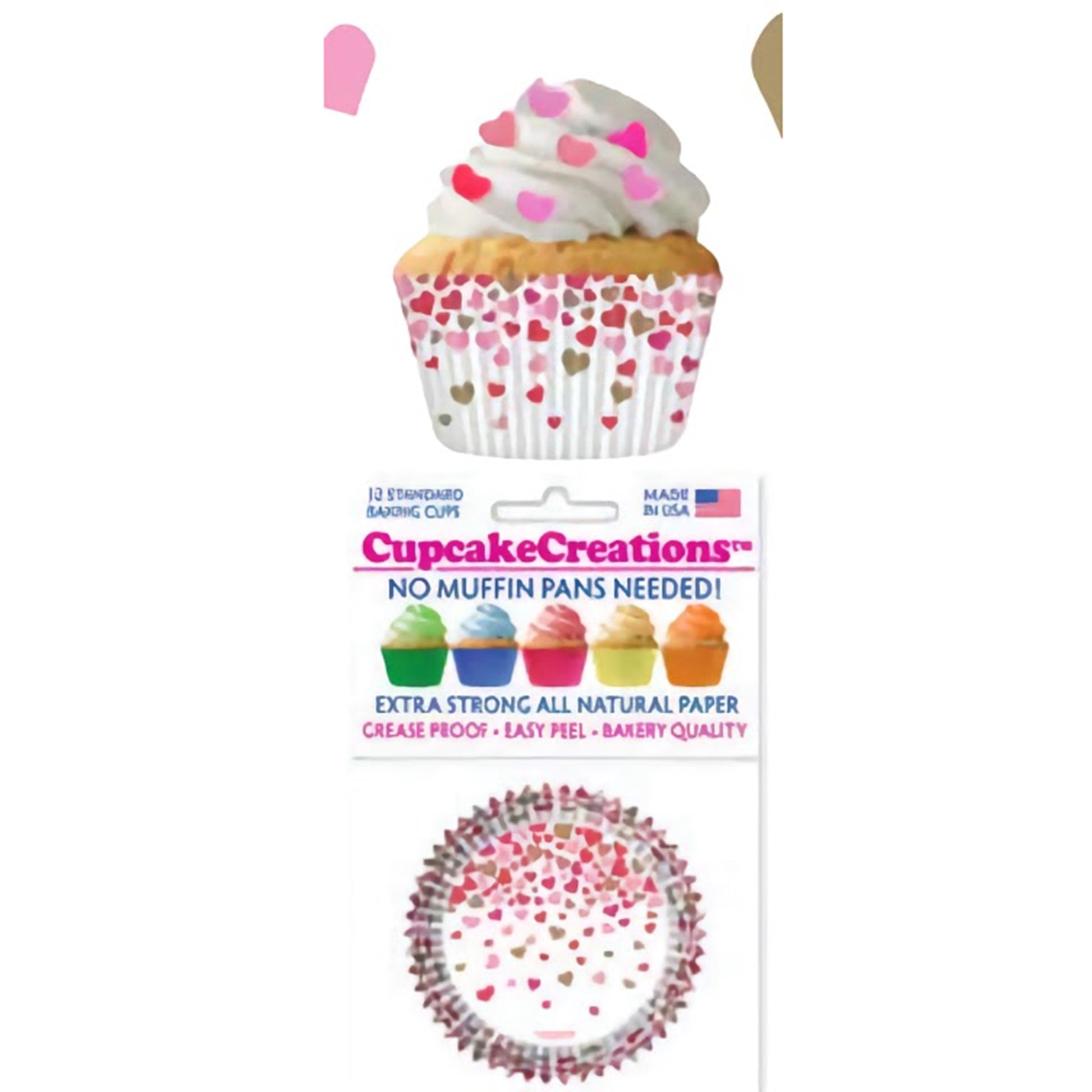 The image depicts a set of Cupcake Creations baking cups, with the design featuring a pattern of falling pink and red hearts against a white background. The packaging indicates that no muffin pans are needed, and highlights the baking cups' extra strong, all-natural paper quality that's crease-proof and easy-peel. It's labeled as bakery quality and made in the USA.