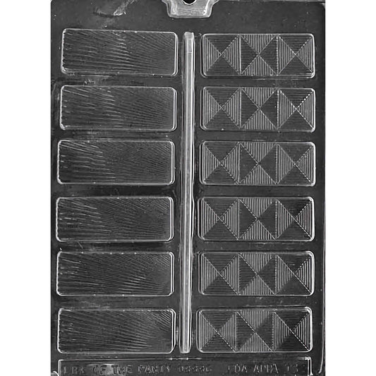 Fancy Bars Chocolate Mold with twelve cavities, each featuring unique, intricate patterns including striped and diamond designs. The mold creates 1-1/8 inch by 2-7/8 inch chocolate bars, using approximately 0.4 ounces of chocolate per piece. Made of food-grade plastic and manufactured in the USA.