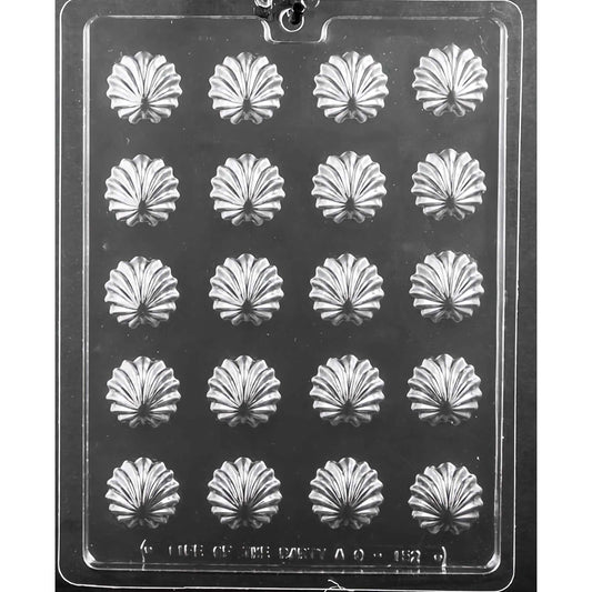 Clear plastic chocolate mold featuring twenty cavities arranged in five rows of four, each designed to create chocolates in the shape of elegant swirl shells. The detailed design of each compartment mimics a scallop shell with intricate ridges and a central swirl. 