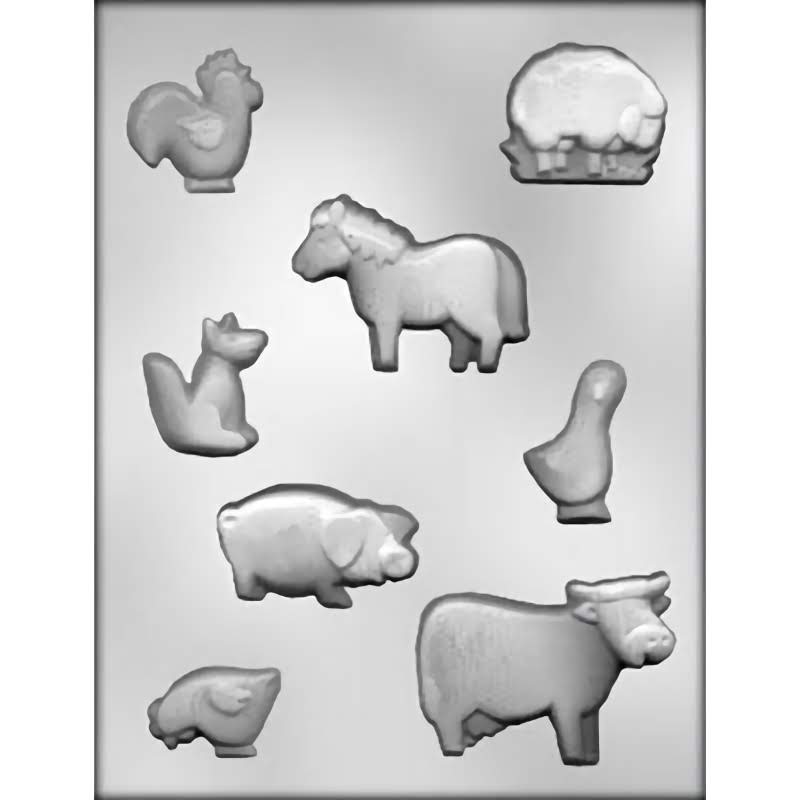 Assorted Farm Animal Chocolate Mold including detailed figures of a rooster, sheep, horse, fox, pig, chicken, and cow for confectionery crafting.
