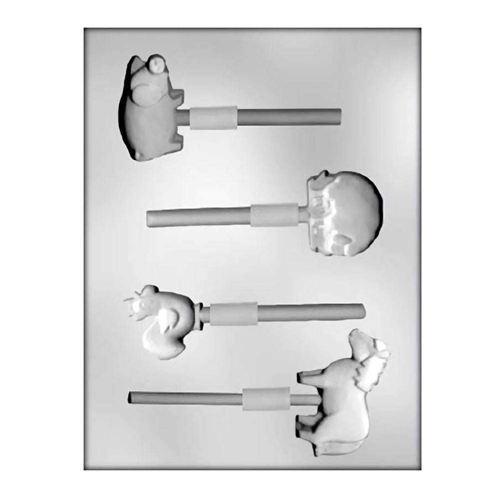 Adorable farm animal chocolate lollipop mold featuring barnyard favorites like cows and pigs, great for children's parties or educational farm-themed events.