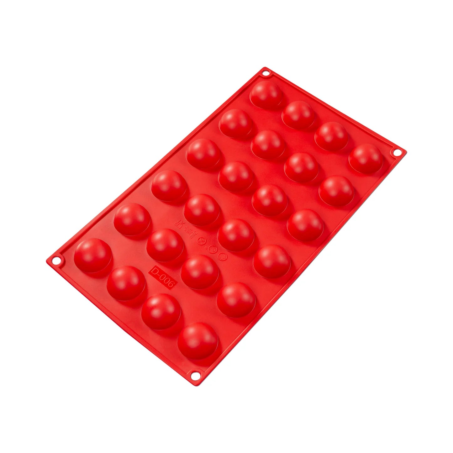 Fat Daddio's Silicone 24-Cavity Baking Mold in red, featuring 24 small round cavities. Made from food-grade silicone, flexible, non-stick, and temperature-safe from -40°F to 550°F.
