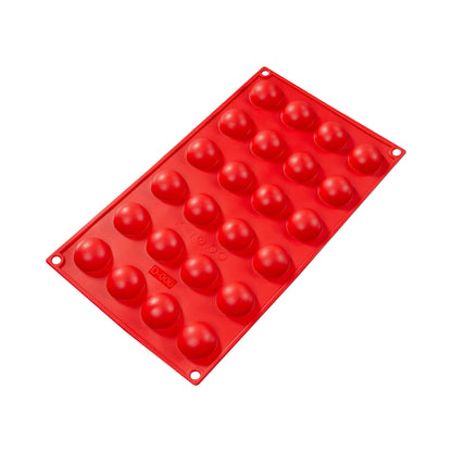 Fat Daddio's Silicone 24-Cavity Baking Mold in red, featuring 24 small round cavities. Made from food-grade silicone, flexible, non-stick, and temperature-safe from -40°F to 550°F.
