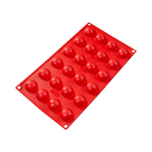 Fat Daddio's Silicone 24-Cavity Baking Mold in red, featuring 24 small round cavities. Made from food-grade silicone, flexible, non-stick, and temperature-safe from -40°F to 550°F.
