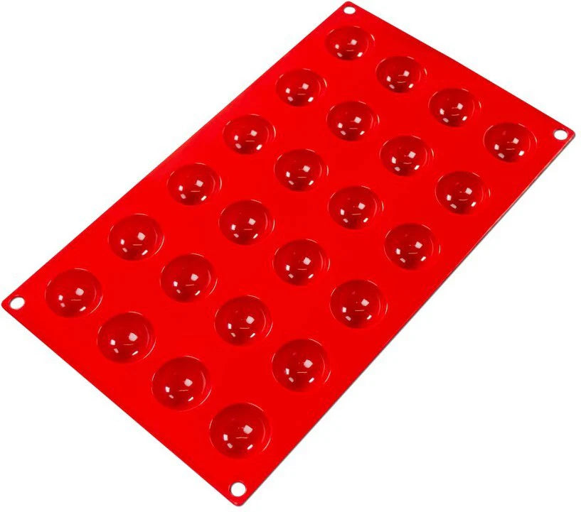 Fat Daddio's Silicone 24-Cavity Baking Mold in red, featuring 24 small round cavities. Made from food-grade silicone, flexible, non-stick, and temperature-safe from -40°F to 550°F.
