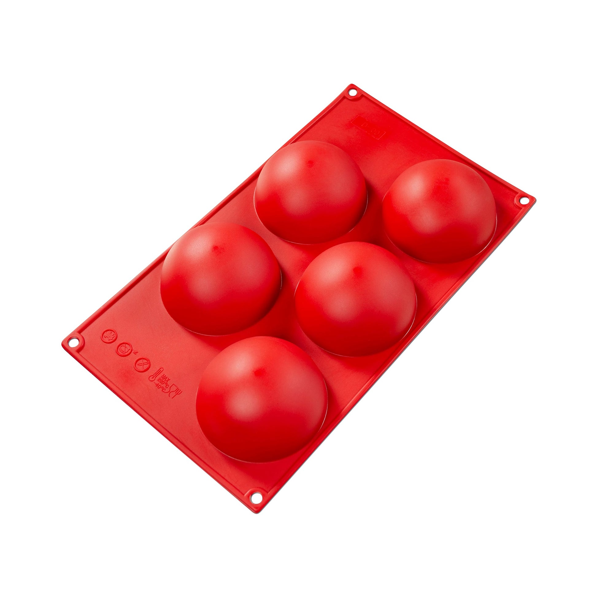 The bottom view of a red silicone hemisphere mold, displaying the five rounded protrusions that form the base of each cavity when inverted. The mold, marked with 'Fat Daddio’s' and the cavity size, signifies the brand and capacity. The mold's design, with holes at each corner for easy handling, is ideal for creating perfectly rounded culinary delights like mousse domes, ice cream bombe, or chocolate spheres.