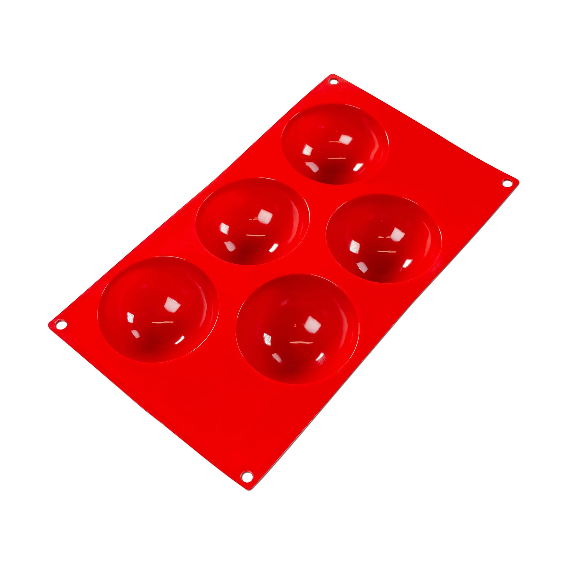 A bright red silicone mold designed for baking and candy-making, featuring five hemispherical cavities. The top view of the mold showcases the semi-circular shapes, suitable for creating dome-shaped desserts or chocolates. The cavities are evenly spaced out on the mold, and the glossy finish suggests a non-stick surface for easy removal of the treats.