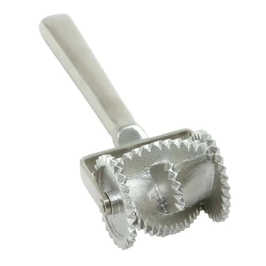 Silver Fattigmann cutter with serrated rolling wheels and a domed center die, handheld pastry tool shown on a white background for cutting diamond cookies.
