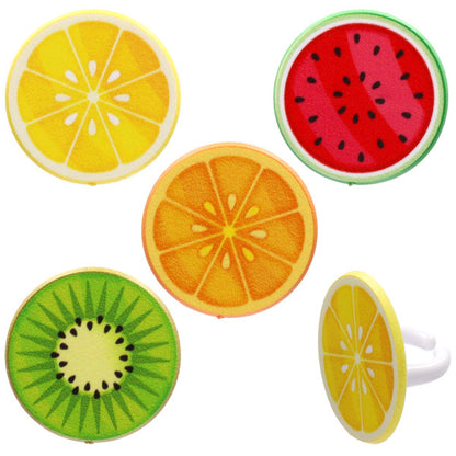 Set of four fruit cupcake rings with round toppers showing lemon, orange, kiwi, and watermelon slice designs on a white background.