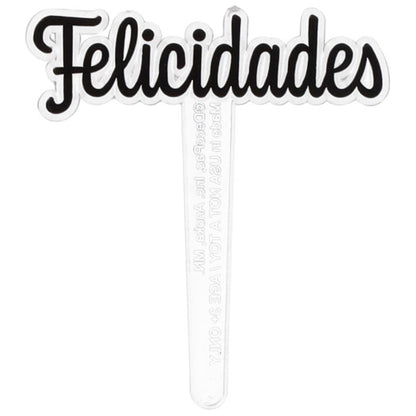 Pick para cupcake con la palabra “Felicidades” en letras negras estilo script sobre una estaca transparente, fondo blanco.
