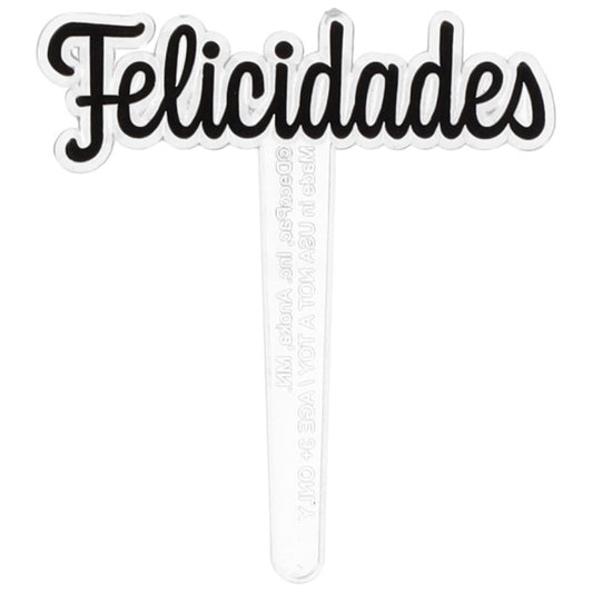 Pick para cupcake con la palabra “Felicidades” en letras negras estilo script sobre una estaca transparente, fondo blanco.