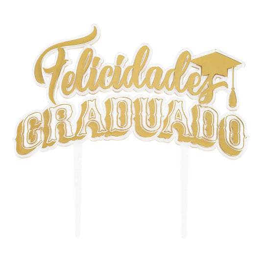A festive 'Felicidades Graduado' cake topper in a golden script, adorned with a graduation cap, perfect for celebrating the accomplishments of Spanish-speaking graduates.