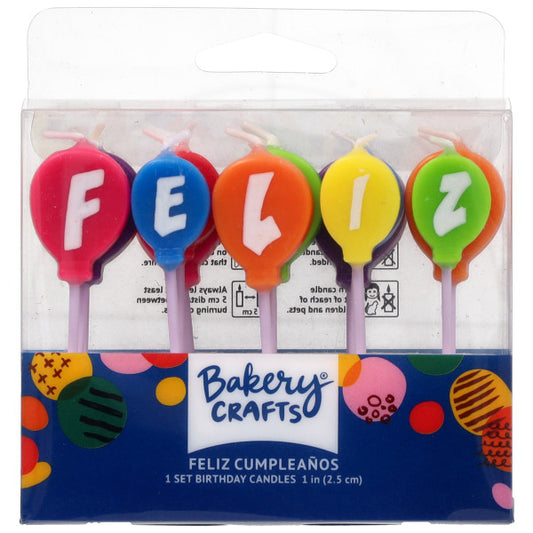 Packaged Feliz Cumpleaños balloon candles in red, blue, orange, yellow, and green colors by Bakery Crafts