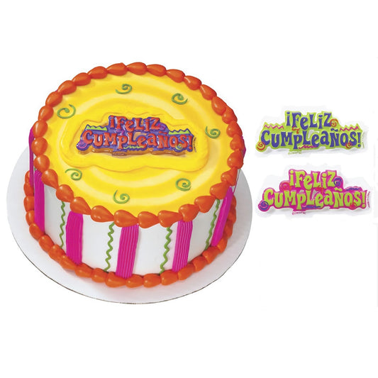 "Colorful 'Feliz Cumpleaños' cake topper displayed on a vibrant yellow frosted cake decorated with pink and green accents, showcasing a fun and festive design for Spanish birthday parties."