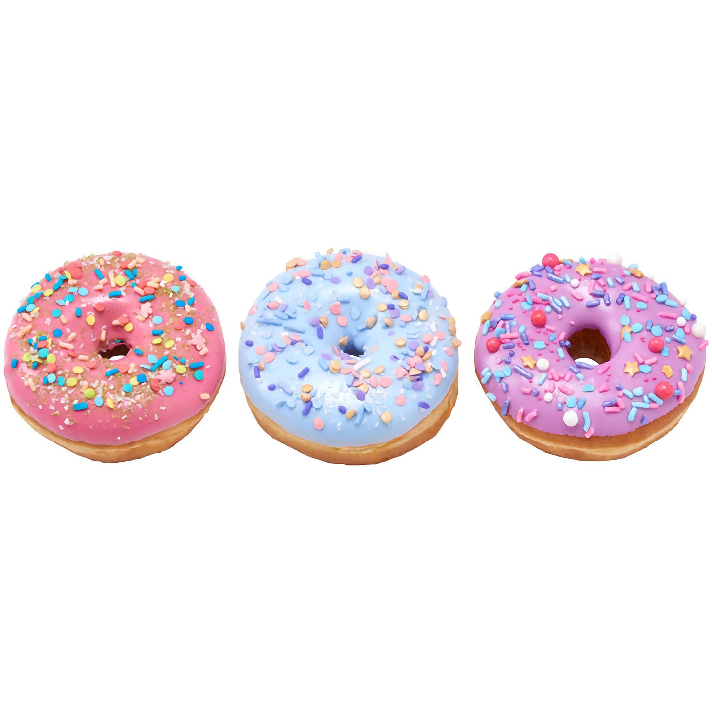 Colorful frosted donuts topped with Fiesta Spirit sprinkle blend in a variety of shapes and colors, displayed on pink, blue, and pink frosted donuts, creating a cheerful and playful dessert presentation.